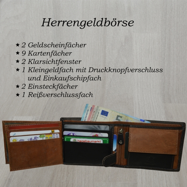 Herren Leder Geldbeutel Portemonnaie innen schwarz braun